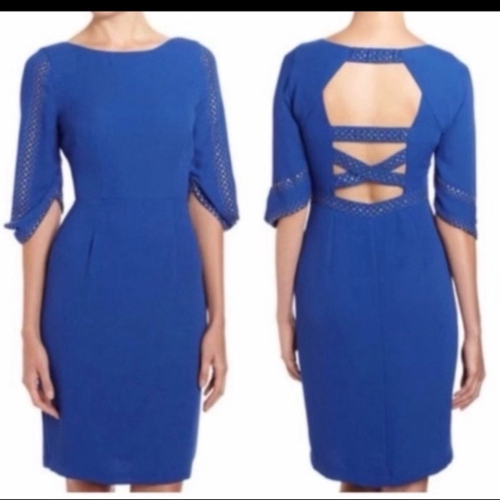 BCBG MAXAZRIA LEXY ROYAL DRESS SIZE XS 3/4 Sleeve Cut Out Cross Cross Back